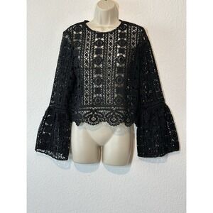 Black‎ Lace Top Crochet Open Knit Flare Sleeve Blouse Sz M Boho Fairy Whimsigoth